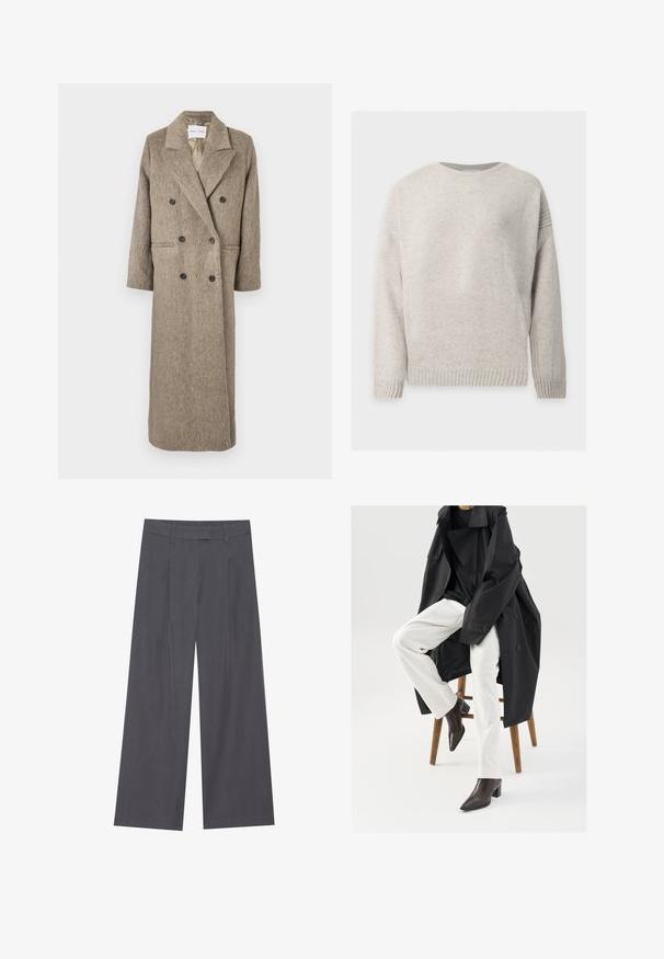 Dobbeltbrystet frakke i beige tekstureret stof med klippet krave, to frontlommer og sorte knapper. Lang, lige silhuet.; Lys grå langærmet strikket sweater med ribstrikkede manchetter, kant og rund halsudskæring, vist mod en hvid baggrund.; Grå vidde benbukser med en glat tekstur, der har et plisset design foran og en standard talje for en komfortabel pasform.; Sort, oversized trenchcoat over en sort top, parret med hvide bukser og brune, spidse ankelstøvler, siddende på en træstol.