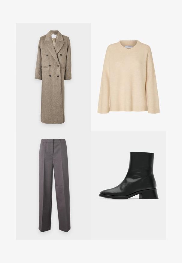 Dobbeltbrystet frakke i beige tekstureret stof med klippet krave, to frontlommer og sorte knapper. Lang, lige silhuet.; Beige langærmet sweater med V-udskæring og ribstrikket krave, lavet af blødt strikstof, designet til kvinder.; Grå skræddersyede bukser lavet af struktureret stof, med lige ben, flad front og bæltestropper.; Sort ankelstøvle lavet af blank læder, med et strømlinet design, spids tå og en moderat blokhælhøjde for stabilitet.