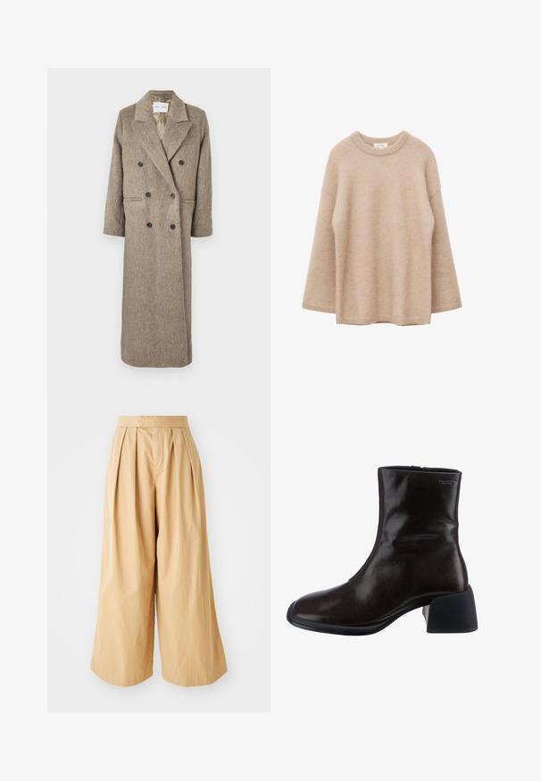 Doppelt geknöpfter Mantel aus beige strukturiertem Stoff, mit Reverskragen, zwei Fronttaschen und schwarzen Knöpfen. Lange, gerade Silhouette.; Beiger Pullover mit langen Ärmeln, Rundhalsausschnitt, weicher, flauschiger Textur und lockerem Schnitt, vor weißem Hintergrund dargestellt.; Beige weit geschnittene Hosen mit hohem Taillenbund, ausgestattet mit Vorderfalten und einem glatten, strukturierten Baumwollstoff.; Vagabond ANSIE - Stiefelette - braun