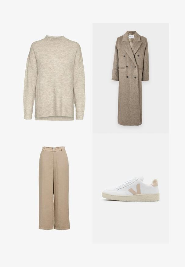 Manteau double boutonnage en tissu beige texturé, avec un col cranté, deux poches avant et des boutons noirs. Silhouette longue et droite.; Pull en tricot beige clair avec un col montant, des épaules tombantes, des poignets et un ourlet côtelés. Le tissu présente une finition douce et texturée.; Pantalon beige à jambes larges avec texture, fermeture à boutons sur le devant et zip, passants pour ceinture, et poches latérales.; Baskets blanches avec des accents en daim beige, bout arrondi et lacets blancs. Semelle en caoutchouc texturé et détail du logo sur le talon.