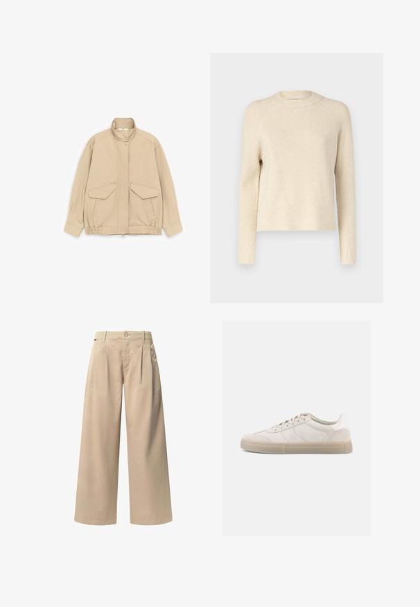 Beige bomberjack met opstaande kraag, drukknoopsluiting, elastische zoom en twee klepzakken aan de voorkant op een witte achtergrond.; Geribbelde gebreide trui in roomkleur met een ronde hals, lange mouwen en een rechte pasvorm. Zachte textuur met subtiele tonale variaties door het geheel.; Beige wijde broek met twee voorplooien, een knoopsluiting en een gladde textuur. Ontworpen voor comfort en een losse pasvorm.; Beige suède sneakers met een lage profiel, voorzien van een gestructureerd bovenwerk, tonale stiksels en een lichte rubberen zool. Veters maken het ontwerp compleet.