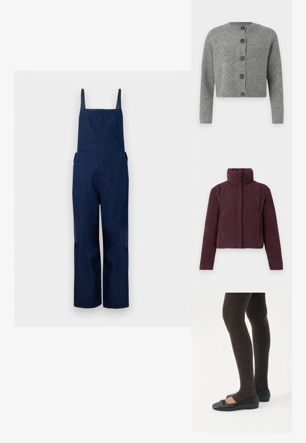 Chaqueta acolchada corta para mujer en terciopelo corduroy púrpura oscuro, con cuello alto y mangas largas, presentada sobre un fondo liso.; Pantalones de mezclilla azul marino con perneras amplias, tirantes ajustables y bolsillos laterales, que presentan un diseño limpio y minimalista con una textura suave.; Cárdigan corto gris con textura acanalada, cuello redondo y seis botones oscuros en la parte delantera. Mangas largas con puños acanalados.; Piernas con leggings oscuros acanalados combinados con bailarinas negras que presentan pequeños detalles de lazo sobre un fondo blanco.