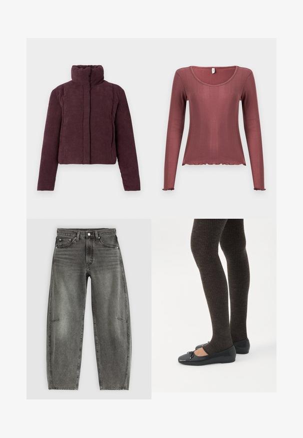 Veste courte matelassée pour femmes en velours côtelé prune foncé avec un col haut et des manches longues, présentée sur un fond uni.; Haut à manches longues couleur rose poudré, texture côtelée, encolure dégagée, ourlets et poignets festonnés, confectionné en matière tricotée douce.; Jeans en denim gris délavé taille haute avec cinq poches, fermeture à bouton et coupe droite relaxée.; Jambes portant des leggings côtelés foncés associés à des ballerines noires avec de petits détails en nœud sur fond blanc.