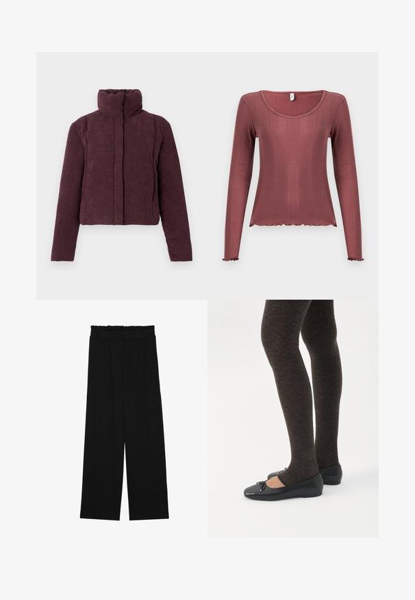 Veste courte matelassée pour femmes en velours côtelé prune foncé avec un col haut et des manches longues, présentée sur un fond uni.; Haut à manches longues couleur rose poudré, texture côtelée, encolure dégagée, ourlets et poignets festonnés, confectionné en matière tricotée douce.; Pantalons larges noirs à taille volante, dotés de deux poches latérales et d'un tissu lisse et léger. Pas de motifs ni de matériel visible.; Jambes portant des leggings côtelés foncés associés à des ballerines noires avec de petits détails en nœud sur fond blanc.