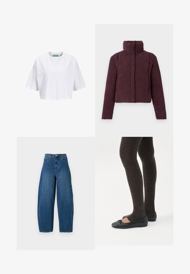 Dames cropped puffer jacket in donker pruimenkleurig corduroy met een hoge kraag en lange mouwen, weergegeven op een effen achtergrond.; Witte cropped t-shirt van katoen, met korte mouwen en een ronde hals. Groene label aan de binnenkant met zichtbare merknaam.; Denim spijkerbroek in een medium blauwe wassingen, met een hoge taille, wijde broekspijpen en een standaard vijf-pocket ontwerp met zichtbare stikseldetails.; Benen met donkere geribbelde leggings gecombineerd met zwarte ballerina's met kleine strikdetails op een witte achtergrond.