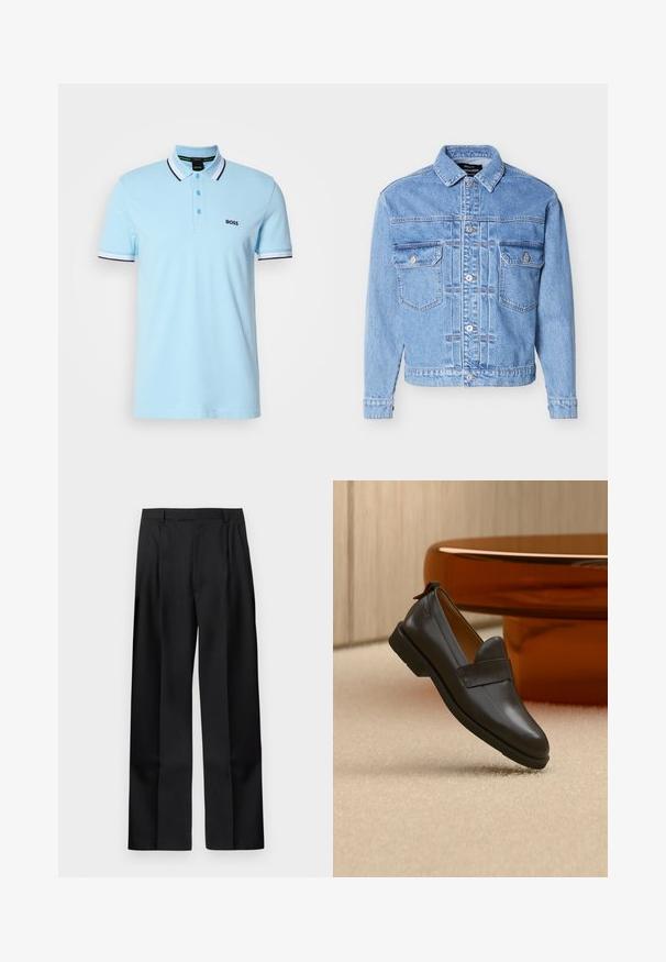 Hellblaue Jeansjacke mit Knopfleiste, zwei Brustklappentaschen, Kragen und langen Ärmeln, flach auf einem weißen Hintergrund liegend.; Helles blaues Poloshirt mit kurzen Ärmeln, weißem und schwarzem gestreiftem Kragen und Bündchen, drei Knöpfen und "BOSS"-Logo auf der linken Brust.; Schwarze, maßgeschneiderte, gerade geschnittene Hose mit Gürtelschlaufen, vorderem Reißverschluss und Seitentaschen vor weißem Hintergrund.; Schwarzer Lederloafer mit niedrigem Absatz, der über einem beigen Teppich schwebt, neben einem glänzenden bernsteinfarbenen Tisch in einem minimalistischen Raum.