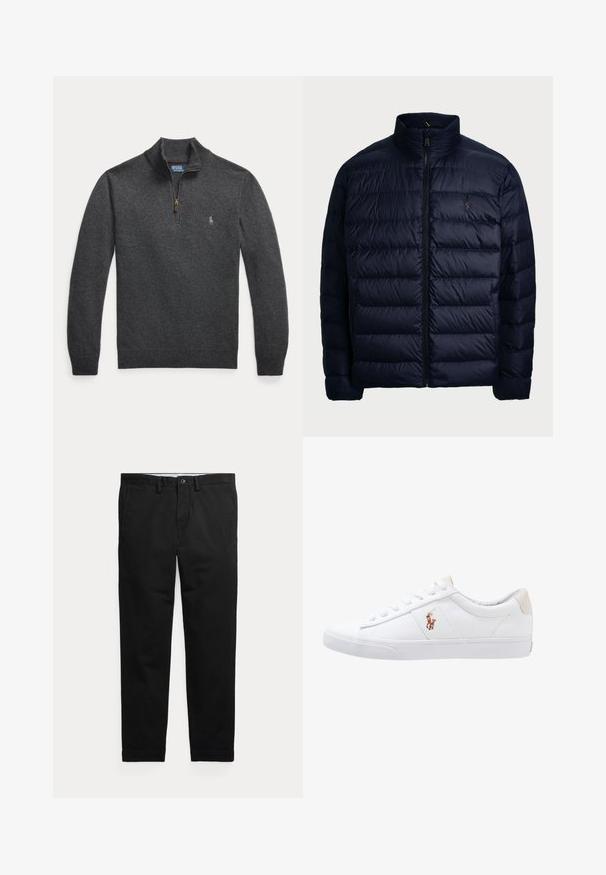 Polo Ralph Lauren THE COLDEN PACKABLE DOWN JACKET - Dunjakker - collection navy; Mørkegrå langærmet pullover med kvart lynlås og et lille broderet logo på venstre bryst.; Sorte bukser med lige ben, bæltestropper, frontknap og sidelommer, vist fladt på en lys baggrund.; Hvide kanvas sneakers med lågtop design, prydet med en beige hælkappe og et lille broderet logo på siden. Gummisål.