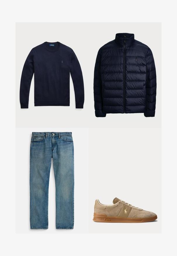 Polo Ralph Lauren THE COLDEN PACKABLE DOWN JACKET - Sulejope - collection navy; Tumedast sinine lühiheltega soe kampsun, millel on ribaga mansetid ja alläär, ning vasakul rinnaosas väike tikandiga logo.; helehallidest teksapüksid sirge lõikega, millel on viis taskut, nööpidega sulgemine ja peen koorimisefekt tekstuuri lisamiseks.; Beež color veluurist ja nahast madala säärega toss kummikõrrega, valgete paelte ja Polo logoga küljel ning tallal.
