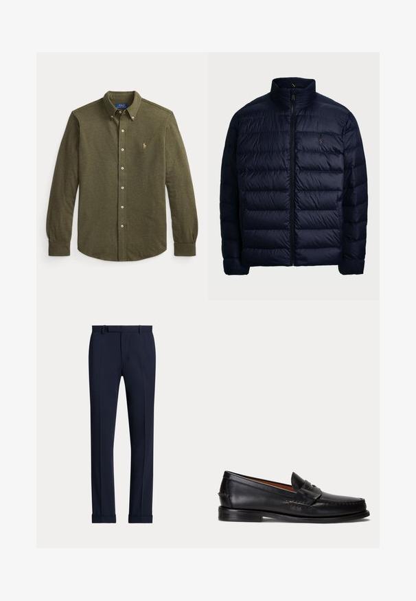 Polo Ralph Lauren THE COLDEN PACKABLE DOWN JACKET - Gewatteerde jas - collection navy; Langarmig olijfgroen overhemd met knopen, kraag en klein geborduurd logo op de linkerborst.; Marineblauwe nette broek met een gladde textuur, flat front, met kreukels, riemlussen en omslagen aan de zoom. Gemaakt van een lichtgewicht stof.; Zwarte leren loafer met lage hak en penny-strap detail, van opzij getoond op een lichtgrijze achtergrond.