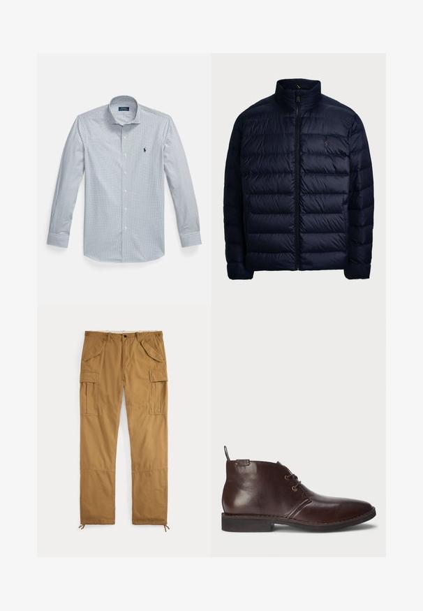 Polo Ralph Lauren THE COLDEN PACKABLE DOWN JACKET - Μπουφάν με πούπουλα - collection navy; Πουκάμισο με κουμπιά μπροστά σε μπλε και λευκό καρό σχέδιο, κατασκευασμένο από βαμβακερό υλικό, με μακριά μανίκια και κλασικό γιακά. Το λογότυπο είναι κεντημένο στο στήθος.; Καφέ παντελόνι cargo με κλείσιμο με κουμπιά, θηλιές για ζώνη, τσέπες με καπάκι στους μηρούς και κορδόνια στα μανσέτα των αστραγάλων, απλωμένο επίπεδα σε λευκό φόντο.; Σκούρο καφέ δερμάτινο μποτάκι μέχρι τον αστράγαλο με δύο οπές, θηλιά στο τακούνι και μαύρη καουτσούκ σόλα, προβαλλόμενο από την εξωτερική πλευρά σε λευκό φόντο.