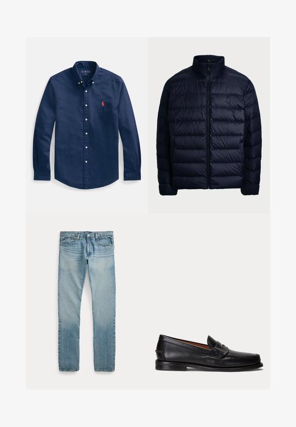 Polo Ralph Lauren THE COLDEN PACKABLE DOWN JACKET - Μπουφάν με πούπουλα - collection navy; Πουκάμισο σε σκούρο μπλε χρώμα, κουμπωτό, κατασκευασμένο από βαμβάκι, με μυτερό γιακά, μακριά μανίκια και μικρό κόκκινο κεντημένο λογότυπο στο στήθος.; Ανοιχτό μπλε τζιν με ίσια γραμμή, πέντε τσέπες, κούμπωμα με κουμπί και λεπτές ξεβαμμένες λεπτομέρειες γύρω από τους μηρούς και τα γόνατα.; Μαύρο δερμάτινο μοκασίνι με χαμηλό τακούνι και λεπτομέρεια με λουράκι penny, εμφανιζόμενο πλευρικά σε ανοιχτό γκρι φόντο.