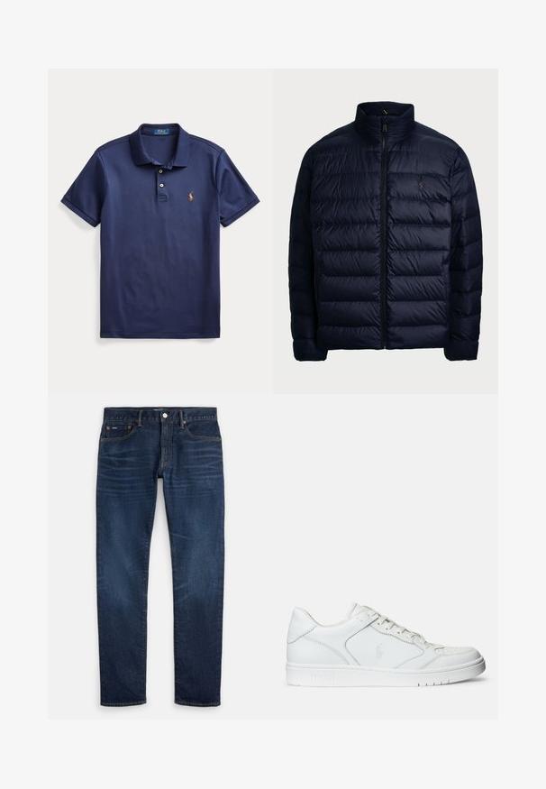 Polo Ralph Lauren THE COLDEN PACKABLE DOWN JACKET - Sulejope - collection navy; Tumesinine lühikeste varrukatega polosärk, kaks nööpi ja vasaku rinnakorvi väike tikitud logo.; Tumed sinised slim-fit teksad, millel on reitel õrn tuhmumine, viie tasku disain ja nööpkinnis vöökohal.; Valged nahast spordijalatsid siledast materjalist, millel on ventilatsiooniga varvas, paelad ja kõrvale brodeeritud logo. Valge kummitald.