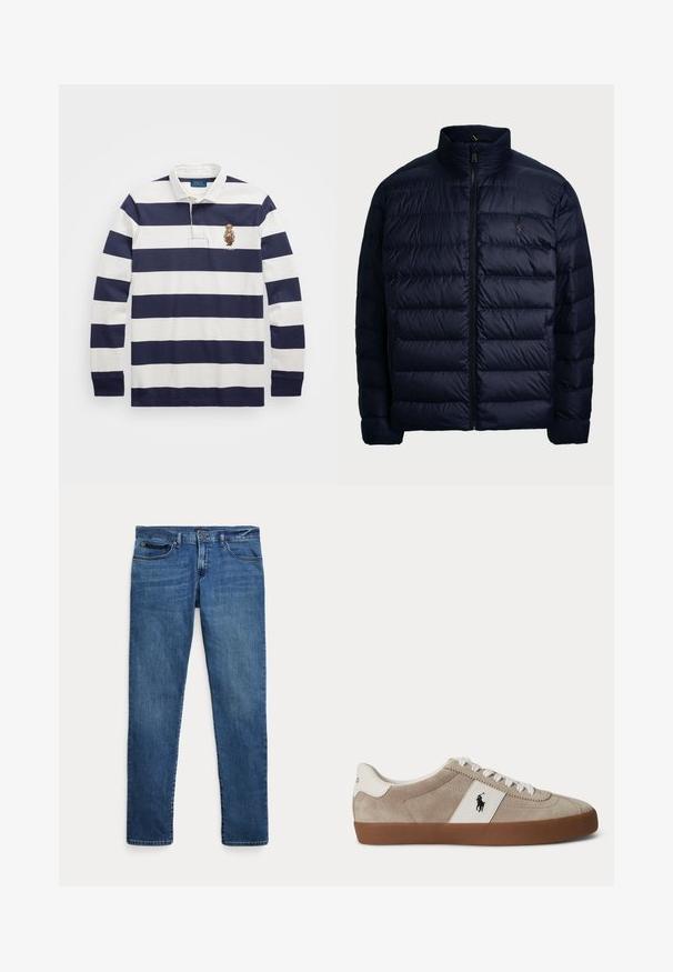Polo Ralph Lauren THE COLDEN PACKABLE DOWN JACKET - Gewatteerde jas - collection navy; Polo Ralph Lauren CLASSIC FIT POLO BEAR RUGBY SHIRT - Longsleeve - blu; Blauwe denim jeans met een slim fit, voorzien van voorkantzakken, riemlussen en een knoopsluiting op een witte achtergrond.; Beige suède lage sneaker met witte veters, wit lederen accent met zwart paardenlogo en een bruine rubberen zool.