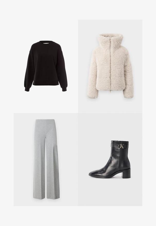 Cremefarbene Kunstpelzjacke mit hohem Kragen, Reißverschluss und strukturierter, flauschiger Oberfläche. Verfügt über lange Ärmel und eine cropped Silhouette.; Schwarzer Sweatshirt aus weichem Material, mit rundem Halsausschnitt, überschnittenen Schultern und gerippten Bündchen in einem lässigen Schnitt.; Graue, weit geschnittene Hosen aus weichem, elastischem Stoff. Sie haben eine hohe Taille und ein glattes, minimales Design ohne zusätzliche Details.; Schwarze Leder-Ankle Boots mit spitzem Zehenbereich, Blockabsatz und einem Riemen mit einem metallischen Logodetail. Glatte Textur und minimales Design.