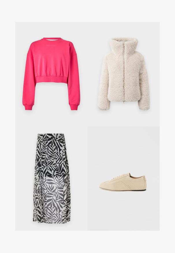 Cremefarvet faux fur-jakke med høj krave, lynlåslukning og struktureret, fluffy overflade. Har lange ærmer og et cropped silhuet.; Lyserød cropped sweatshirt med lange ærmer og ribbede manchetter. Har en rund udskæring og minimal branding på brystet.; Sort og hvid gennemsigtig maxiskørt med et bladmønster, der har snor i taljen og sideslids for ekstra bevægelse og stil.; Beige ruskind lavskoet sneaker med snøre foran, slank sål og subtil sidesyningsdetalje mod en hvid baggrund.