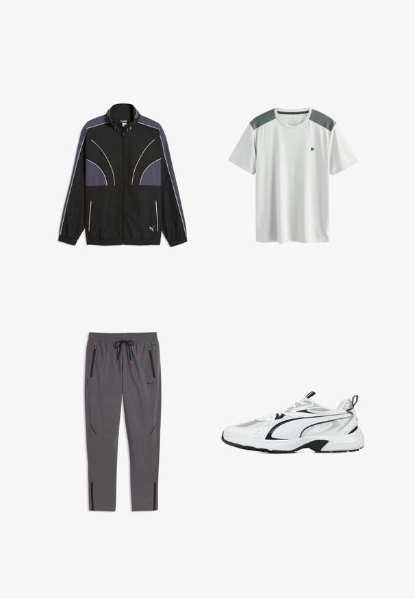 Sort Puma træningsjakke med grå paneler, hvide kanter, fuld lynlås, elastiske manchetter og kant samt Puma-logo foran nederst.; Hvid atletisk T-shirt med korte ærmer, grå mesh skulderpaneler og lille sort logo på venstre bryst.; Grå Puma træningsbukser med elastik i taljen, sort snor, lynlåse på forlommerne og lynlåse ved anklerne.; Hvide atletiske sneakers med sorte og sølvfarvede accenter, meshe- og syntetiske materialer, tekstureret overdel, polstret sål og snørebåndsdesign.