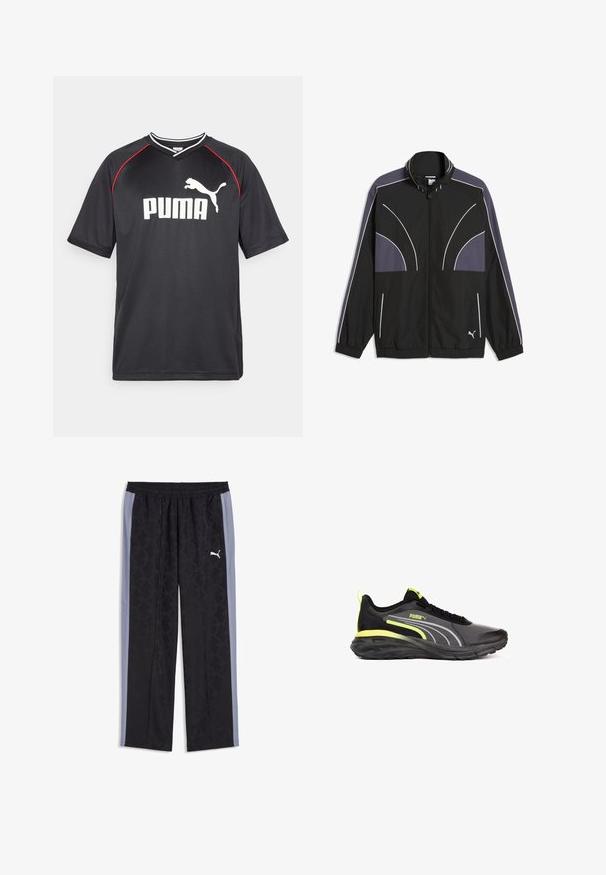 Schwarze Puma Trainingsjacke mit grauen Einsätzen, weißen Paspeln, durchgehendem Reißverschluss, elastischen Bündchen und Saum sowie Puma-Logo vorne unten.; Schwarzes Puma-Sport-T-Shirt mit kurzen Ärmeln, weißem Logo, roten Akzenten entlang der Schultern und einem V-Ausschnitt. Hergestellt aus leichtem Material.; Schwarze und graue Puma-Trainingshose mit dezentem geometrischem Muster und elastischem Taillenbund, mit weißem Puma-Logo am rechten Oberschenkel.; Schwarzer und neongrüner Puma Laufschuh mit strukturierter Sohle und gebrandeten Seitendetails, im Profil auf weißem Hintergrund gezeigt.
