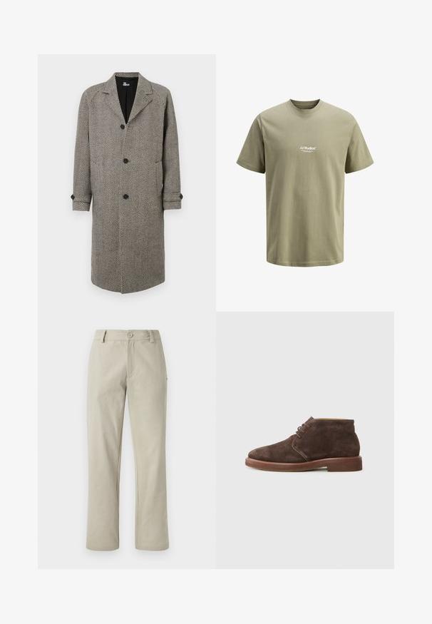 Haringbone-patroon jas in zwart en wit, met een geknipte revers, vijf knopen en opgerolde manchetten. Gemaakt van textuurstof.; Olijfgroene T-shirt met korte mouwen, voorzien van een wit "JJ Studios" tekstlogo gecentreerd op de borst, een ronde hals en een losse pasvorm.; Beige katoenen broek met een rechte pasvorm, voorzien van een knoopsluiting en twee frontzakken. Glad textuur en schoon ontwerp met minimale details.; Bruine suède enkellaarzen met een driedubbele vetersluiting en een dikke rubberen zool, zijaanzicht op een effen lichtgrijze achtergrond.