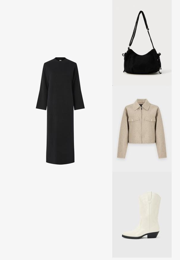 Beige Cropped-Jacke aus Wollmischgewebe mit spitzem Kragen, durchgehendem Reißverschluss und zwei Brusttaschen mit Druckknöpfen.; Schwarzes Langarmkleid mit hohem Kragen, aus einem glatten, strukturierten Stoff gefertigt. Hat einen geraden Schnitt und fällt unter das Knie.; Weißer Western-Stiefel in mittlerer Wadenhöhe mit spitzer Schuhspitze, schwarzem gestapeltem Absatz, dekorativen Nähten und Zuglasche an der Schaftseite.; Schwarze Cordtasche mit geschwungener Form, verstellbarem Schultergurt und Kordelzugverschlüssen an beiden Seiten zur Größenanpassung.