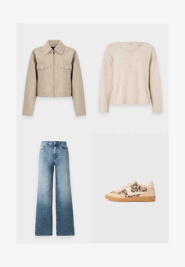 Beige cropped jack gemaakt van een wolmix, met een puntkraag, ritssluiting aan de voorkant en twee borstzakken met drukknoopsluiting.; Beige gebreide trui met V-hals, geribde manchetten en zoom. Heeft een centrale naaddesign en een losse pasvorm. Zacht, gestructureerd materiaal.; Snijdemim jeans met wijde pijpen in een lichtblauwe wassing, voorzien van een hoge taille, vijf-pocketontwerp en subtiele vervaging op de stof. Klassieke metalen knoopsluiting.; Luipaardprint sneakers met een beige suède bovenkant, tan rubberen zool en witte accenten. Ronde neus en vetersluiting met een gestructureerde afwerking.