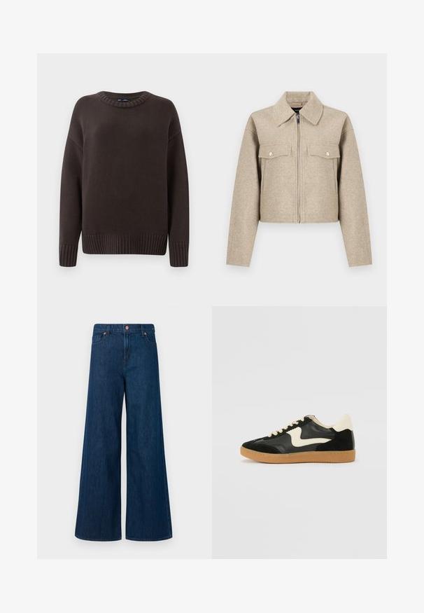 Veste courte beige en tissu mélangé laine, dotée d'un col pointu, d'une fermeture éclair à l'avant et de deux poches poitrine avec boutons-pression.; Un pull en tricot marron foncé avec des manches longues, des poignets et un ourlet côtelés, et un col rond sur un fond uni.; Jeans en denim bleu à jambe large avec fermeture à bouton sur le devant, passants de ceinture et design à cinq poches sur un fond blanc.; Baskets en daim et cuir noir avec un swoosh latéral crème et un talon crème clair. Dotées de lacets beige et d'une semelle en caoutchouc gomme.
