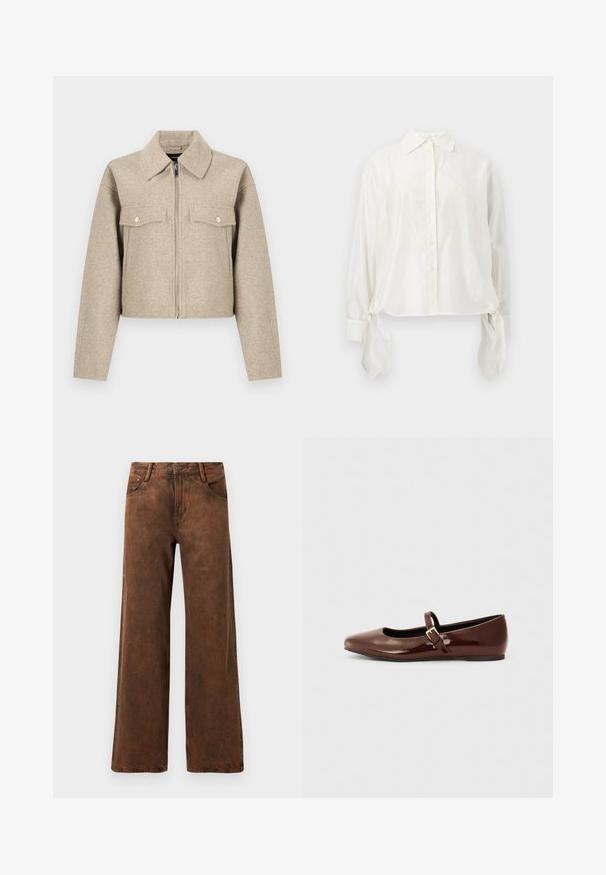 Beige Cropped-Jacke aus Wollmischgewebe mit spitzem Kragen, durchgehendem Reißverschluss und zwei Brusttaschen mit Druckknöpfen.; Weiße, langärmelige, zum Knöpfen geeignete Bluse mit spitzem Kragen und Stoffbändern, die von jeder Manschette hängen, auf neutralem Hintergrund dargestellt.; Braune Weitbeinhosen aus Denim mit strukturiertem Finish, Knopf- und Reißverschlussverschluss sowie zwei vorderen Taschen.; Braune Lackleder-Ballerinas mit quadratischer Zehenform und Riemen mit einer kleinen goldenen Schnalle. Glatte Textur, niedriger Absatz und minimalistisches Design.