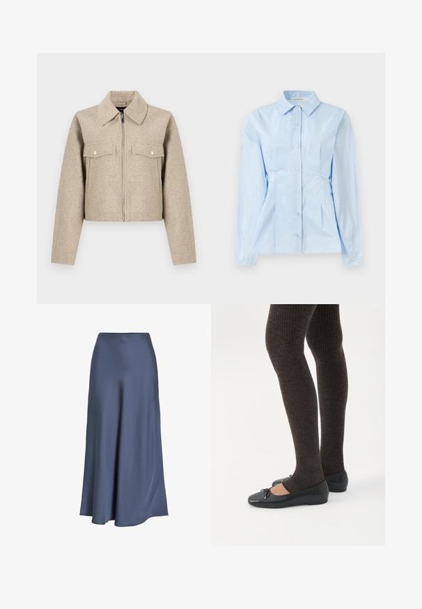 Beež karvkatkestusega jakk, valmistatud villasegusest kangast, millel on terav krae, ees lukuga sulgemine ja kaks rinnataskut klapiga.; Hele sinine pika varrukaga nööpidega särk, millel on terav krae,üksikasjadeta tekstuur ja õmblused, mis loovad kohandatud istuvuse. Viis nööpi ees.; Satiinist A-lööbi seelik tumesinisena. Sile tekstuur, põrandani ulatuv, kitse vasaku nööri ja labase äärisega. Ilma nähtavate mustrite ja riistadega.; Jalad seljas tumedad soonelises soonelises kombines mustade baleriinadega, millel on väikesed paelade detailid valgel taustal.