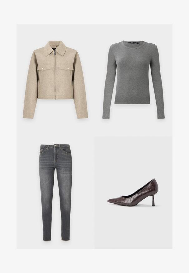 Veste courte beige en tissu mélangé laine, dotée d'un col pointu, d'une fermeture éclair à l'avant et de deux poches poitrine avec boutons-pression.; Pull en maille côtelée gris à manches longues avec un col rond et une coupe ajustée. La texture semble lisse et élastique, idéale pour superposer.; Jean skinny en denim gris délavé à taille haute, avec cinq poches, des accessoires dorés et un ourlet brut raccourci.; Escarpins à bout pointu en similicuir marron avec une texture crocodile, dotés d’un talon fin et angulaire ainsi que d’une doublure intérieure lisse.