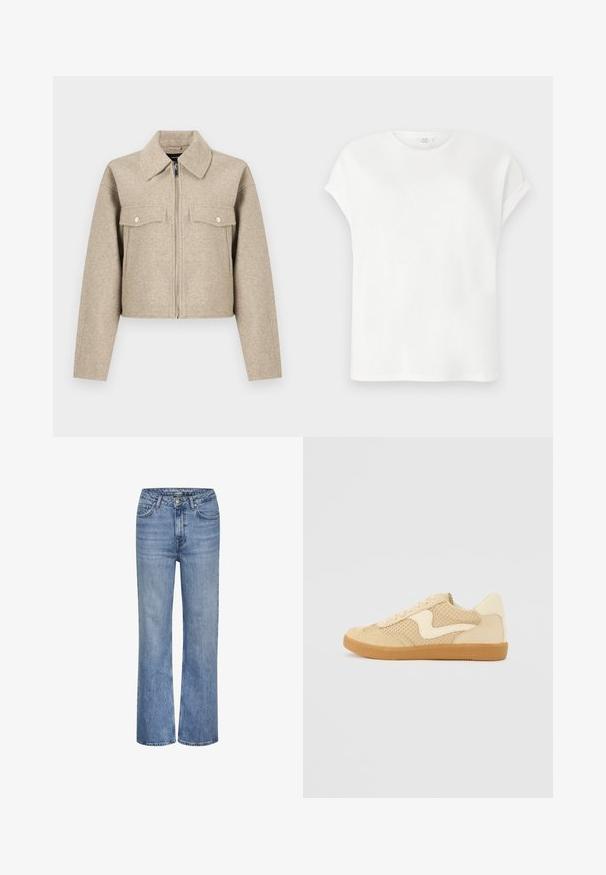 Beige Cropped-Jacke aus Wollmischgewebe mit spitzem Kragen, durchgehendem Reißverschluss und zwei Brusttaschen mit Druckknöpfen.; Weißes T-Shirt mit kurzen, hochgekrempelten Ärmeln und rundem Ausschnitt, flach auf einem hellgrauen Hintergrund gezeigt.; Blaue hoch taillierte gerade Jeans aus Denim mit vorderem Knopf, Reißverschluss und Fünf-Taschen-Design.; Beige Sneaker aus Wildleder und Mesh-Materialien, runde Form, auffälliger gepolsterter Kragen und eine Sohle aus Gummi. Verfügt über ein wellenförmiges Design-Highlight.