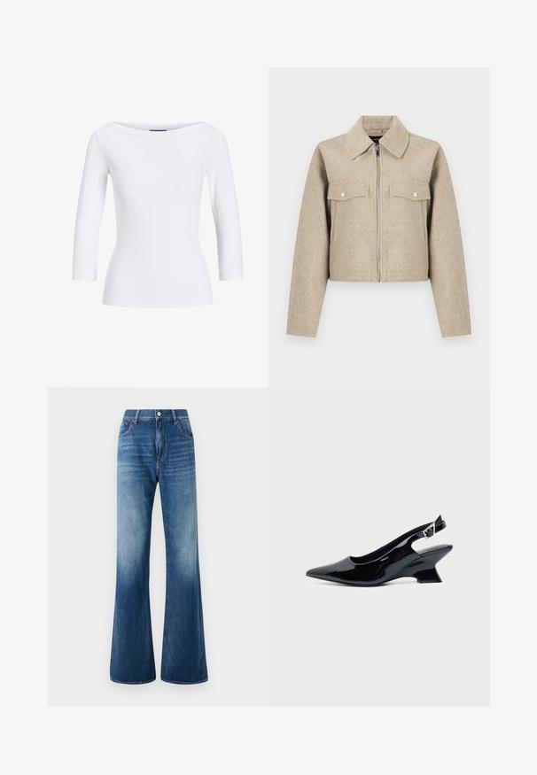 Beige cropped jack gemaakt van een wolmix, met een puntkraag, ritssluiting aan de voorkant en twee borstzakken met drukknoopsluiting.; Witte geribbelde longsleeve top met een bootnek. De stof is soepel, aansluitend en heeft een nette afwerking bij de mouwen en de zoom.; Uitlopende blauwe denim jeans met een vervaagde wassing, vijf zakken, ceintuurlussen en een sluiting met een knoop aan de voorkant. Soepele textuur en klassieke snit.; Zwarte lakleren slingback schoen met spitse neus en lage schuine blokhak op een effen lichte achtergrond.