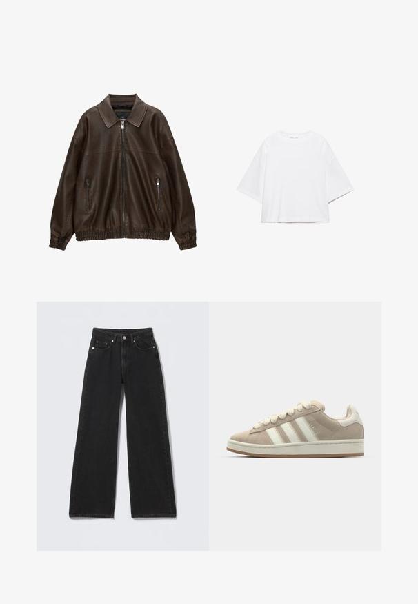 Braune Lederjacke mit Kragenhals, Reißverschluss vorne und zwei Reißverschlusstaschen. Mit elastischen Bündchen und Saum für eine bequeme Passform.; Weißes, kurzärmeliges, kastiges T-Shirt aus weicher Baumwolle. Es verfügt über einen Rundhalsausschnitt und breite Ärmel mit einem klaren, schlichten Design.; Schwarze High-Waist-Weitbein-Jeans mit vorderer Knopf- und Reißverschluss, Gürtelschlaufen und fünf Vordertaschen auf hellem Hintergrund.; Hellbeige Wildlederschuhe mit weißen Lederstreifen und -schnürsenkeln, Gummisohle, gepolstertem Kragen und strukturierten Details auf der Oberseite.