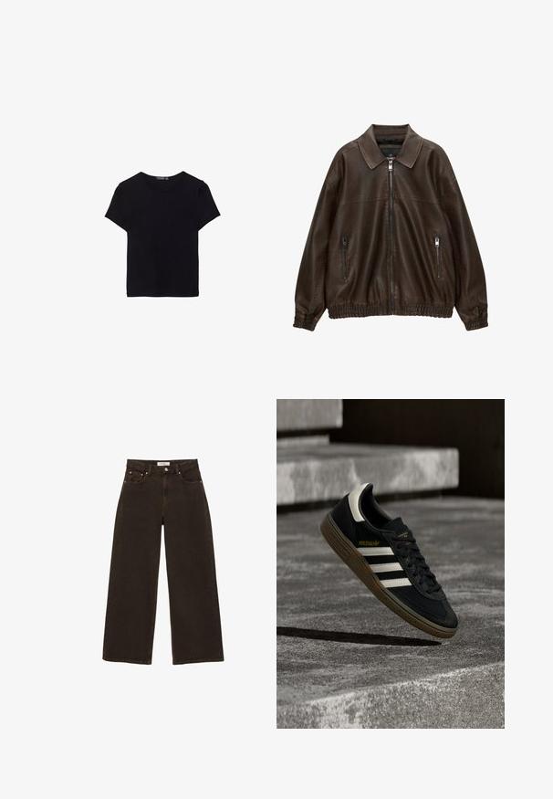 Veste en cuir marron avec un col chemise, une fermeture éclair à l'avant et deux poches zippées. Dotée de poignets et d'un ourlet élastiqués pour une coupe décontractée.; T-shirt en coton noir à manches courtes, col rond et design simple. Texture douce sans motifs ni accents visibles.; Jean en denim marron foncé à jambes larges, avec bouton et fermeture éclair à l'avant, poches avant avec rivets, et passants pour ceinture, posé à plat sur un fond blanc.; Baskets Adidas noires avec des bandes blanches et une semelle en gomme flottant au-dessus d'escaliers en béton gris sous une lumière naturelle.