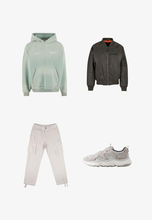Veste bomber décontractée en vert foncé, avec des poignets et un ourlet côtelés, fermeture éclair et doublure orange, dotée d'une poche sur la manche gauche.; Sweat à capuche vert clair avec une poche kangourou, des poignets et un ourlet côtelés. Avec du texte imprimé en blanc à l'avant et une finition douce et texturée.; Pantalons cargo en velours côtelé gris clair avec poches latérales, une fermeture à bouton et des jambes fuselées. Caractéristiques : tissu texturé et poignets ajustables.; Baskets athlétiques gris clair et blanches avec dessus en mesh et daim, semelle épaisse et rembourrée, lacets et languettes sur la languette et le talon.