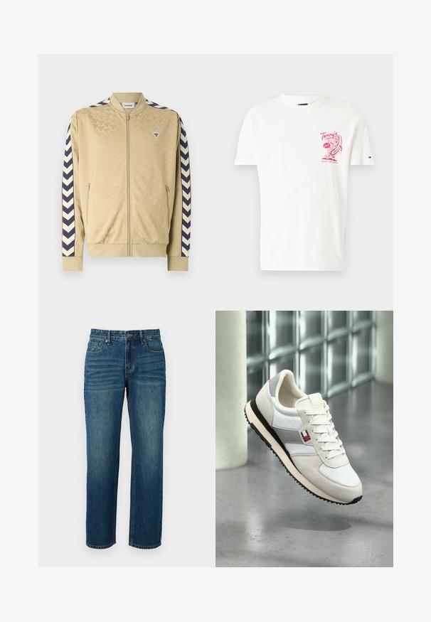 Beige Bomberjacke mit dezentem Muster, marineblauen Zickzackstreifen an den Ärmeln, Reißverschluss und seitlichen Taschen. Verfügt über ein Logo auf der Brust.; Weißes Baumwoll-T-Shirt mit einem pinken Grafikdesign eines Hotdogs auf der linken Brust. Rundhalsausschnitt mit kurzen Ärmeln.; Dunkelblaue Denimjeans mit geradem Bein, die über fünf Taschen, Gürtelschlaufen und leichte Verfärbungen an den Oberschenkeln verfügen.; Weißer und grauer Sneaker mit schwarzer Sohle und kleinem rot-weiß-blauem Logo, schwebend über einem polierten Betonboden in einem modernen Interieur.