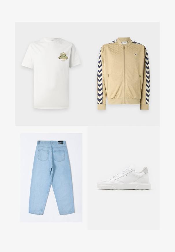 Beige bomberjakke med subtilt mønster, marineblå chevronstriber på ærmerne, lynlås lukning og sidelommer. Har et logo på brystet.; Hvid bomulds T-shirt med et lille broderet design af en bygning med palmer. Kortærmet og med rund hals.; Lyseblå denimjeans med en afslappet pasform, der har to baglommer og et synligt mærke på taljen. Glat tekstur, lige ben-design.; Hvide lædersneakers med en glat finish, rund tå, flade snørebånd og en struktureret sål. Grå ruskindsdetalje ved hælen.