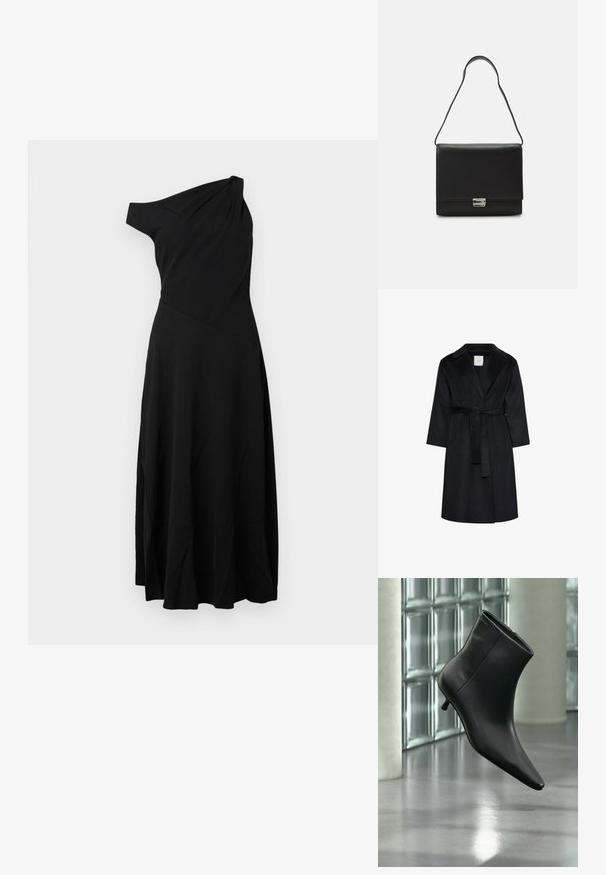 Abrigo negro hasta la rodilla con solapas anchas, mangas largas y un cinturón a juego atado en la cintura, mostrado sobre un fondo blanco.; Vestido negro de un solo hombro hecho de tela ligera. Presenta un corsé ajustado y una falda acampanada con suaves pliegues. Diseño sencillo, sin adornos.; Botín negro de cuero con punta puntiaguda y tacón bajo estilo kitten, mostrado en ángulo sobre un suelo pulido y con una pared de bloques de vidrio de fondo.; Calvin Klein ARCHIVE SHOULDER BAG SHINY - Bolso de mano - black
