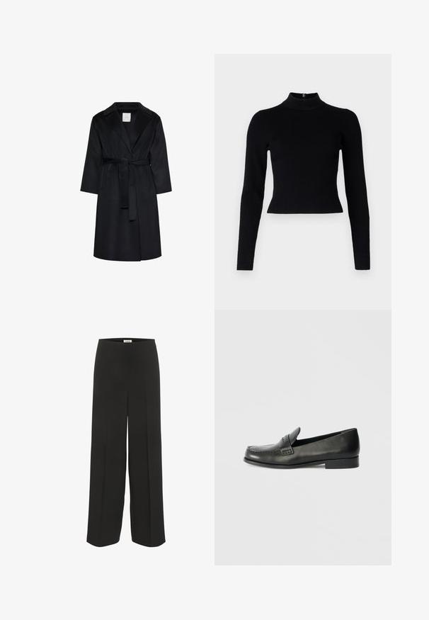 Sort knælængdefrakke med brede revers, lange ærmer og et matchende bælte bundet i taljen, vist på en hvid baggrund.; Sort ribbet turtleneck sweater med lange ærmer og en tætsiddende silhuet, der har en glat overflade og en lynlåsdetalje på ryggen.; Sorte bukser med vid ben, høj talje og subtile pressede detaljer, designet til en afslappet og elegant pasform.; Sorte læder loafers med en rund tå, forhøjede syningsdetaljer og en lav, stablet hæl. Glat tekstur med en subtil glans.