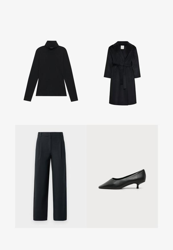 Zwarte knie-lange jas met brede revers, lange mouwen en een bijpassende riem gestrikt in de taille, getoond op een witte achtergrond.; Zwarte langetermijn turtleneck. Zachte stof, getailleerd design, hoge kraag en zijnaad. Eenvoudige en veelzijdige stijl die geschikt is voor het laagjes dragen.; Zwarte op maat gemaakte broek met een rechte pijp, voorzien van voorplooien, een gladde textuur en ceintuurlussen. Geen zichtbare zakken.; Zwarte leren damesschoen met lage hak, puntige neus en kleine kittenhak op een effen lichte achtergrond.