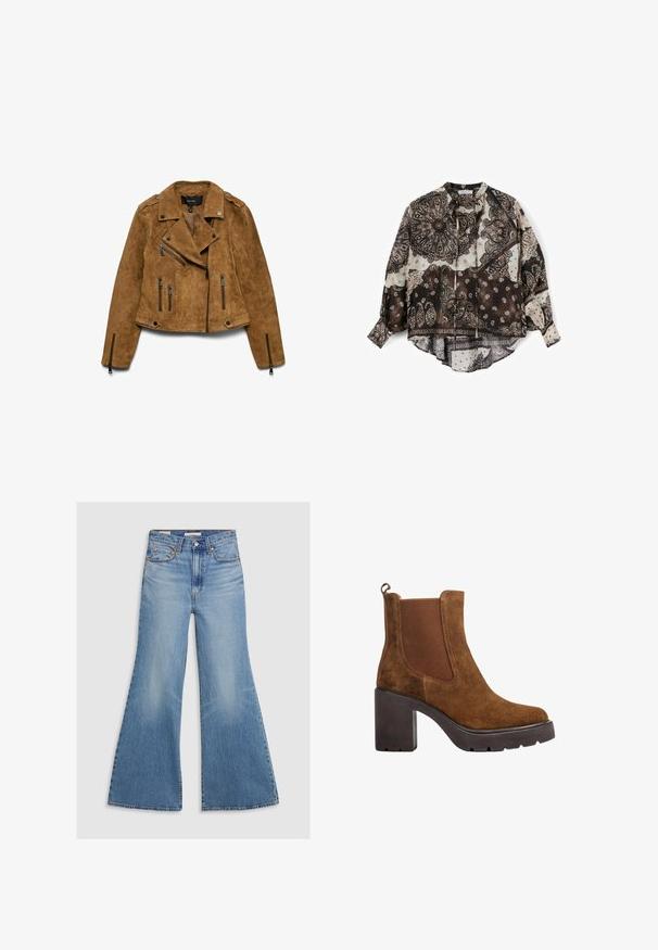Bruine suède bikerjack met asymmetrische ritssluiting aan de voorkant, ritssluitingzakken en drukknopdetails op de kraag en manchetten.; Losse blouse met lange mouwen met zwart-wit paisley- en bandana-patchworkpatroon, ronde halslijn en knoopmanchetten.; Licht gewassen denim flared jeans met een hoge taille, voorzakken en bronzen hardware. De stof heeft een vervaagde textuur met een gladde afwerking.; Bruine suède enkellaars met grove zwarte hak, elastisch zijpaneel en trekstreep aan de achterkant, zijaanzicht op witte achtergrond.