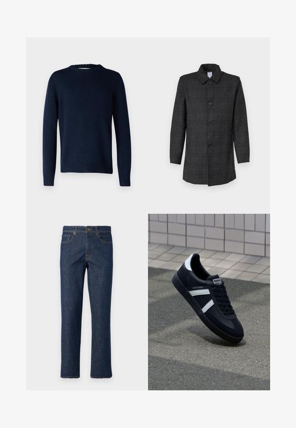 Abrigo de cuadros negros con cuello de solapa y cierre frontal de cinco botones. Mangas largas, corte recto y tela de textura suave.; Selected SLMCODY LS KNIT CREW NECK NOOS - Jersey de punto - sky captain; Jeans de mezclilla azul oscuro con corte recto, que cuentan con un cierre de botón, cinco bolsillos y detalles de costura en contraste.; Zapatilla de cuero negra con rayas blancas, suela de goma texturizada y parte frontal con cordones. Cuenta con una etiqueta de marca en la lengüeta.