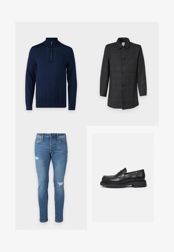 Sort ternet frakke med krave og lukkes med fem knapper foran. Lange ærmer, lige snit og blødt tekstureret stof.; Mørkeblå, langærmet pullover med kvart-zip krave. Glat tekstur, tætsiddende design, minimale søm-detaljer og ingen synlige logoer.; Fadede blå denim jeans med slim fit, der har slidte områder ved knæene, en knaplukning og fem-lomme design.; Sort læderloafer med tyk rillede sål og penny-remdetalje, vist i højre sideprofil på hvid baggrund.