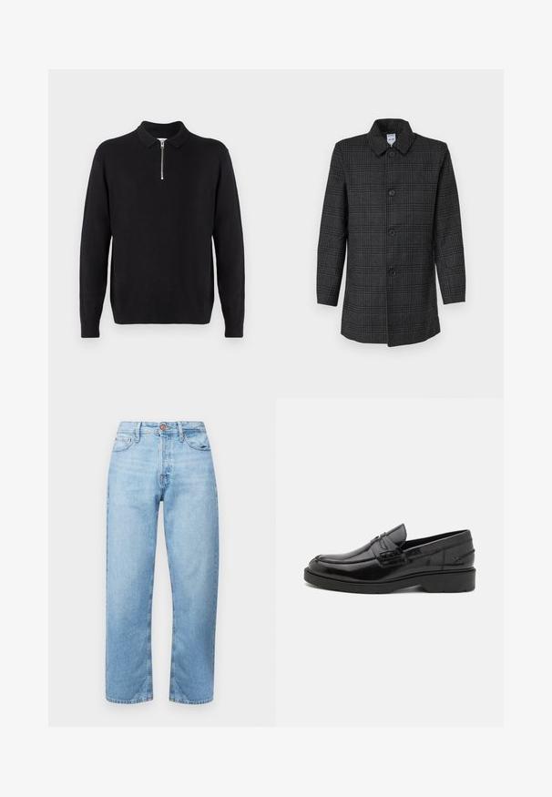 Manteau à carreaux noirs avec un col à revers et une fermeture frontale à cinq boutons. Manches longues, coupe droite et tissu doux au toucher.; Pull noir à col zippé, à manches longues, avec des poignets et un ourlet côtelés, fabriqué dans un tissu doux et lisse.; Jean en denim bleu clair avec une coupe droite, design cinq poches et fermeture à bouton. Texture lisse et décoloration minimale avec des accents cousus.; Mocassins en cuir noir avec une finition lisse, un bout rond, un petit talon et descoutures décoratives à l'avant. Semelle en caoutchouc pour l'adhérence.