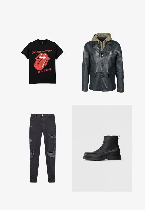 Zwarte leren jas met een gestructureerd ontwerp, voorzien van een groene capuchon en trekkoorden, sluiting met knopen aan de voorzijde en twee zijzakken.; Zwart katoenen T-shirt met een rood-wit Rolling Stones-logo met tongontwerp en de tekst "Sticky Fingers" eronder.; Zwarte denim jeans met een slim fit, voorzien van versleten scheuren en rafelige stukken, klassieke vijf-pocket ontwerp en een metalen knoopsluiting.; Zwarte gestructureerde leren veterschoen tot de enkel met dikke zool en een lusje aan de achterkant, zijaanzicht.