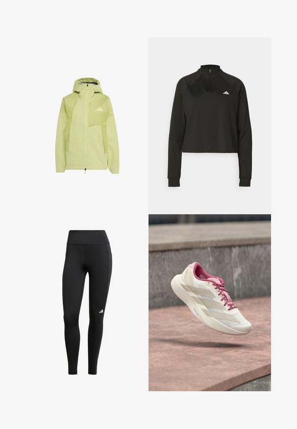 Veste à capuche vert clair avec fermeture éclair intégrale à l'avant et logo Adidas sur la poitrine, conçue pour une utilisation en extérieur ou pour le sport.; Pull-over noir à zip quart, en tissu lisse, avec des manches longues, présentant un col haut et un logo blanc sur la poitrine gauche.; Leggings de sport noirs avec une taille haute, fabriqués en tissu extensible ; dotés d'une poche latérale et d'un petit logo blanc près de l'ourlet.; Chaussure de course beige clair et rose avec semelle coussinée, lacets roses et trois rayures beiges flottant au-dessus d'une surface en pierre.