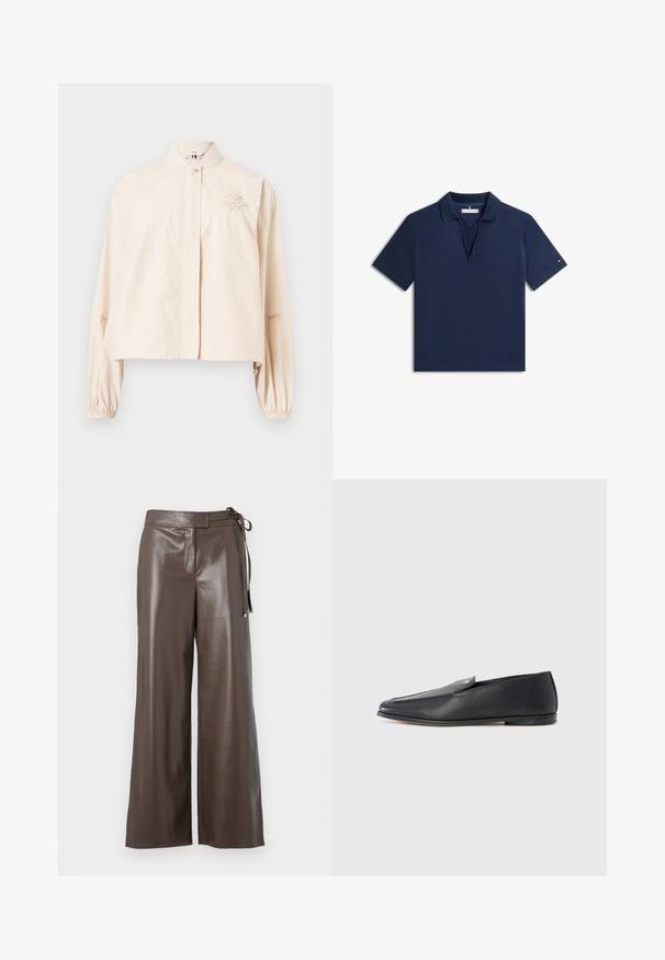 Lyserød cropped jakke med lange ærmer, stående krave, frontlukning med trykknapper, elastiske manchetter og broderet logo på venstre bryst.; Mørkeblå kortærmet poloshirt med krave og V-udskæring, lille logo på venstre ærme.; Brune faux læder vide bukser med høj talje og sidesnor-detalje på hvid baggrund.; Sorte læderloafers med en glat tekstur, rundet tå og subtile syningsdetaljer. Har en guldfarvet logoaccent på oversiden.