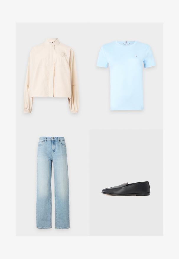 Lyserød cropped jakke med lange ærmer, stående krave, frontlukning med trykknapper, elastiske manchetter og broderet logo på venstre bryst.; Lyseblå kortærmet T-shirt i bomuld med rund hals og lille broderet logo på venstre bryst.; Lysblå denim bukser med vid ben, klassisk fem-lomme-design, knaplukning og subtilt slitage for tekstur.; Sorte læderloafers med en glat tekstur, rundet tå og subtile syningsdetaljer. Har en guldfarvet logoaccent på oversiden.