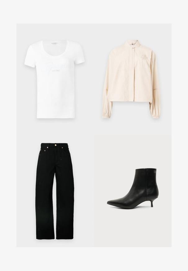 Veste courte rose clair à manches longues avec col montant, fermeture à pression devant, poignets élastiques et logo brodé sur la poitrine gauche.; T-shirt blanc à manches courtes en coton : il présente un col rond et un logo texturé « Guess est.1981 » en blanc assorti sur l'avant.; Jean large noir en coton avec une texture douce, ornés de motifs brodés subtils et de garnitures dorées sur les poches.; Bottine en cuir noir avec bout pointu et petit talon kitten sur fond clair, vue côté extérieur.