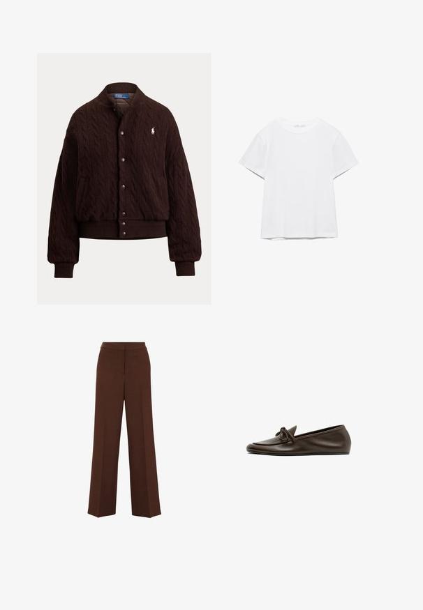 Mørkebrun kabelstrikket cardigan med knapper, ribstrikkede manchetter og talje, med et lille hvidt Polo Ralph Lauren-logo på brystet.; Hvid, kortærmet T-shirt med rund hals og lige kant, vist på en hvid baggrund.; Brune bredbenede bukser med en glat overflade, der har en struktureret talje og subtile plisseringer, der løber ned langs forsiden.; Mørkebrune læder flade loafers med en rundet tå og dekorativ sløjfe på overdelen, vist fra siden på hvid baggrund.