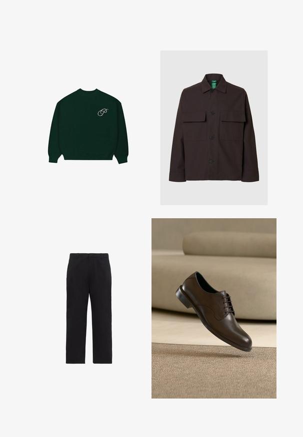 Chaqueta marrón oscuro con botones, cuello con solapa, dos bolsillos frontales con solapa y tejido texturizado. Botones negros y etiqueta verde visible.; Suéter de manga larga verde oscuro con puños y dobladillo acanalados, que presenta un pequeño logo en cursiva de color claro 'P' en la parte superior izquierda del pecho.; Pantalones negros de pierna recta con trabillas para cinturón, cremallera frontal y bolsillos laterales, mostrados sobre un fondo blanco.; Zapato de vestir marrón de cuero con cordones flotando sobre una alfombra beige con un sofá de color crema claro al fondo.