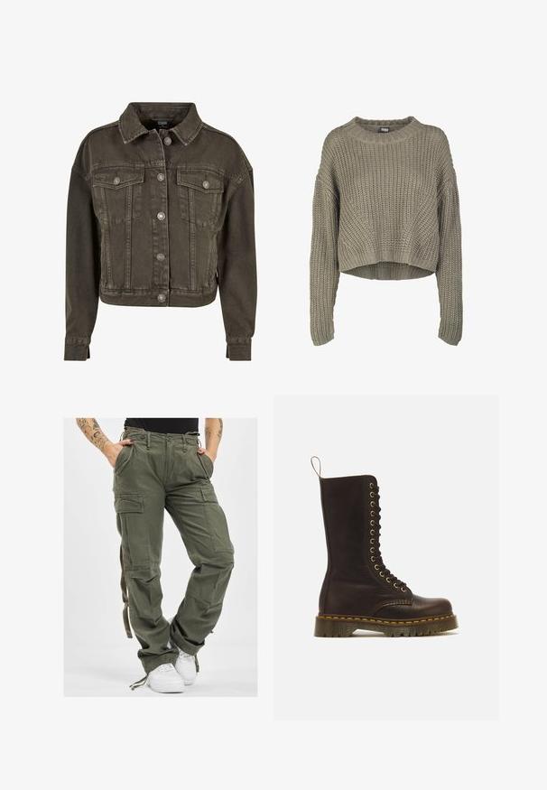 Veste en denim coupée de couleur gris foncé, avec deux poches poitrine, des boutons en métal argenté et un col classique. Tissu doux et texturé.; Pull en tricot cropped vert olive avec un motif texturé, col rond et manches longues. Large côtelé au niveau de l'ourlet et des poignets.; Pantalons cargo vert olive avec de multiples poches, taille ajustable par cordon, et coupe décontractée. Le tissu a une texture douce et une apparence robuste et durable.; Botte haute en cuir marron foncé à lacets, couture jaune, semelle épaisse rainurée et boucle de tirage à l’arrière.
